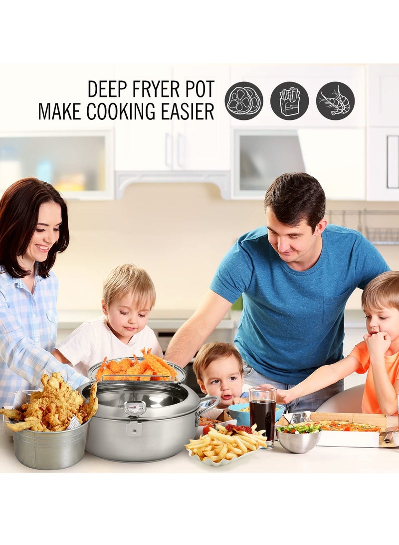Deep Fryer Pot, 3.4L Japanese Tempura Deep Fryer Pot, 304 Stainless Steel Frying Pot With Thermometer, Lid, and Oil Drip Drainer Rack, Ideal for Kitchen French Fries, Chicken, Fish, and Shrimp