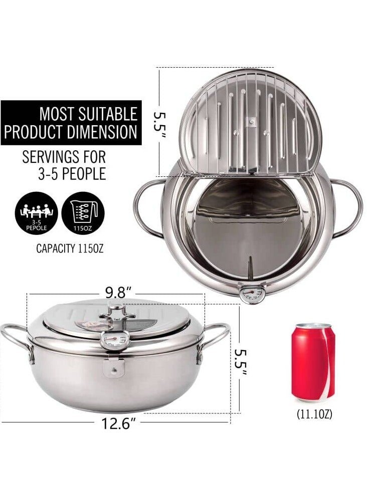 Deep Fryer Pot, 3.4L Japanese Tempura Deep Fryer Pot, 304 Stainless Steel Frying Pot With Thermometer, Lid, and Oil Drip Drainer Rack, Ideal for Kitchen French Fries, Chicken, Fish, and Shrimp