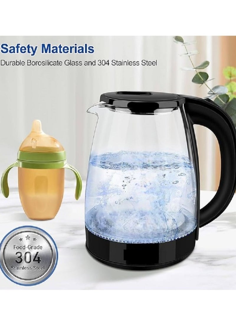 Efficient 1500W Glass Electric Kettle: Rapid Boil Glass Kettle with Quiet Operation, 2L Capacity, Blue LED Illumination, Automatic Shut-Off, Boil-Dry Protection, and 360-Degree Rotating Base