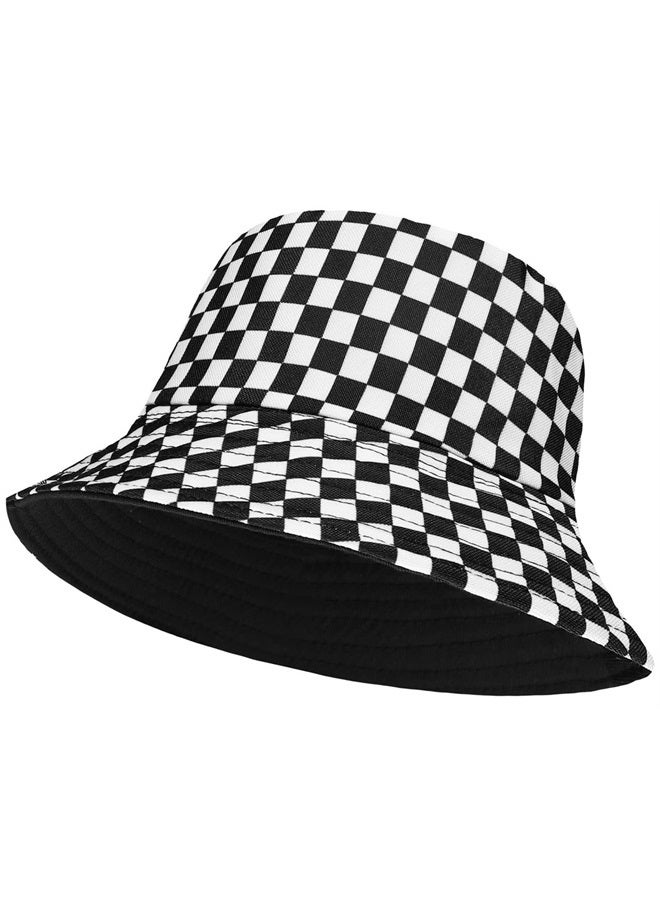 Double-Side-Wear Reversible Bucket Hat Printed Fisherman Cap for Outdoor Travel Beach (Checkered)