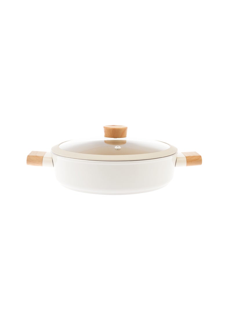 Swiss Crystal High Quality Ceramic Coating Non-Stick Low Casserole - 22cm- Glass Lid With Protective Silicon Edge - Natural Wood Handles and Knob - Beige