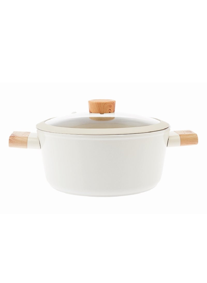Swiss Crystal High Quality Ceramic Coating Non-Stick Casserole - 28cm- Glass Lid With Protective Silicon Edge - Natural Wood Handles and Knob - Beige