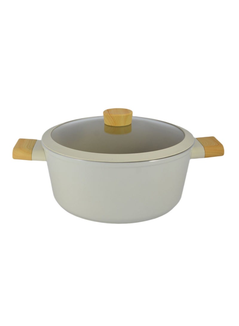 Swiss Crystal High Quality Ceramic Coating Non-Stick Casserole - 24cm- Glass Lid With Protective Silicon Edge - Natural Wood Handles and Knob - Beige