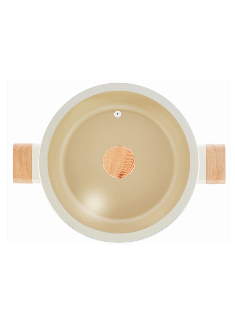 Swiss Crystal High Quality Ceramic Coating Non-Stick Casserole - 26cm- Glass Lid With Protective Silicon Edge - Natural Wood Handles and Knob - Beige