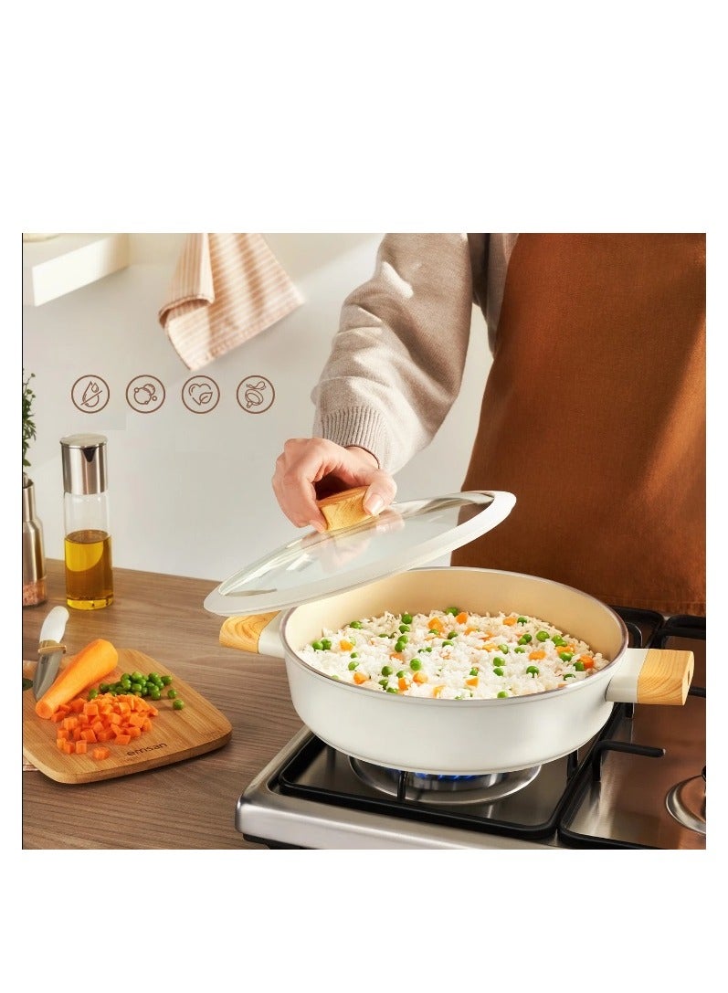 Swiss Crystal High Quality Ceramic Coating Non-Stick Low Casserole - 28cm- Glass Lid With Protective Silicon Edge - Natural Wood Handles and Knob - Beige