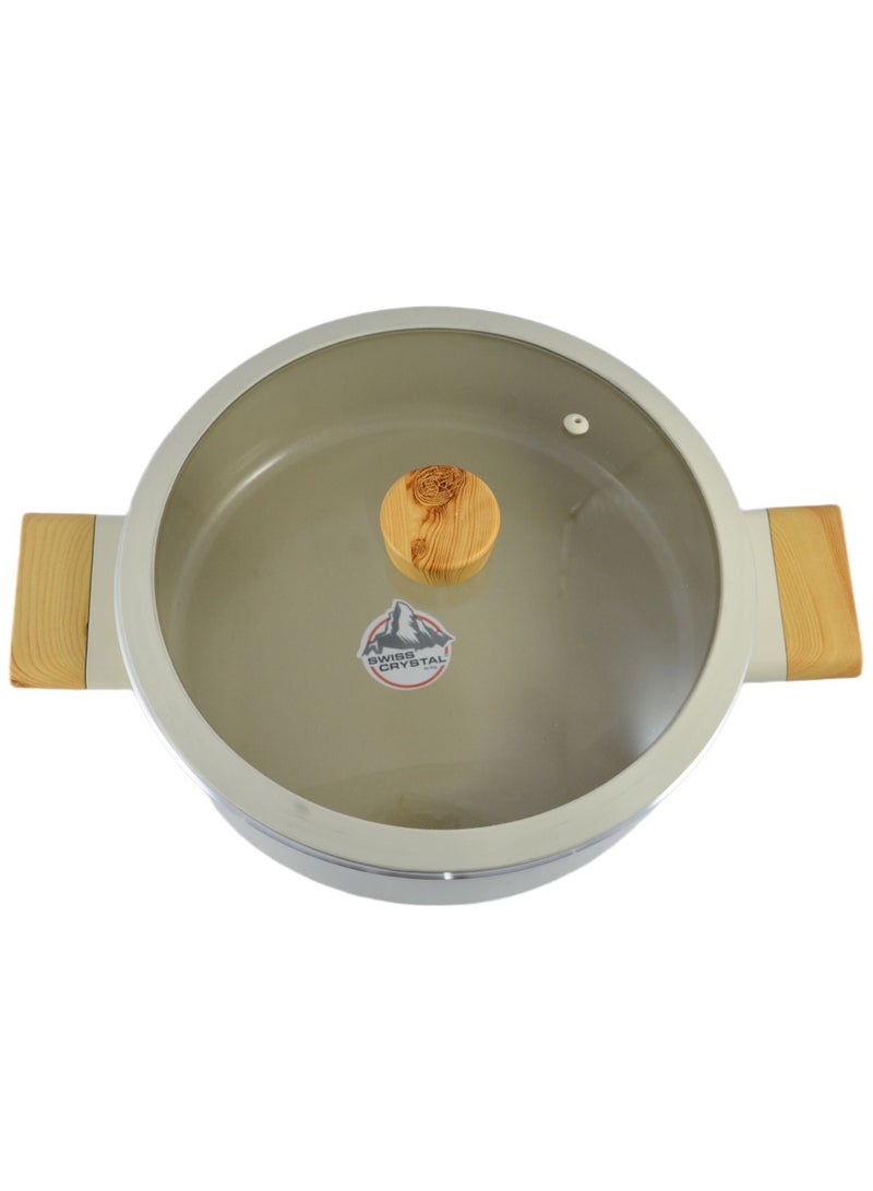 Swiss Crystal High Quality Ceramic Coating Non-Stick Low Casserole - 28cm- Glass Lid With Protective Silicon Edge - Natural Wood Handles and Knob - Beige