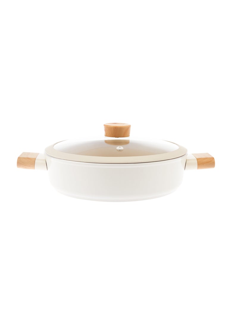 Swiss Crystal High Quality Ceramic Coating Non-Stick Low Casserole - 24cm- Glass Lid With Protective Silicon Edge - Natural Wood Handles and Knob - Beige