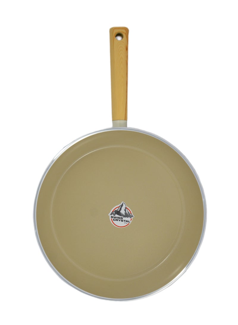 Swiss Crystal High Quality Ceramic Coating Non-Stick Frypan - 30cm - Natural Wood Handle - Beige