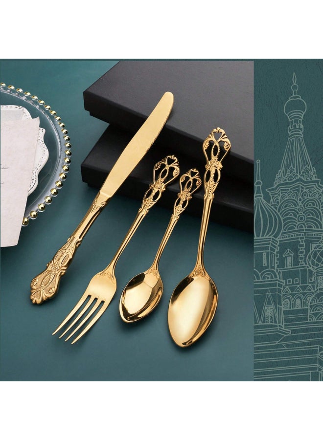 1 Set Of Vintage Luxury Palace style Gold and Silver Stainless Steel Hollow Out Vintage 4 piece European style Steak Knife, Fork And Spoon Cutlery Set, Suitable For Party Dining