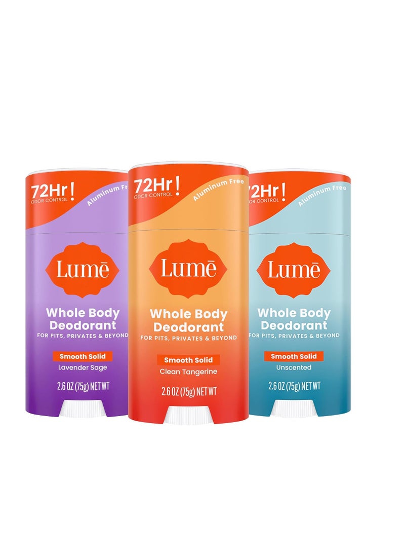 Lume Whole Body Deodorant - Smooth Solid Stick - 72 Hour Odor Control - Aluminum Free, Baking Soda Free and Skin Safe - 2.6 Ounce (Pack of 3) (Clean Tangerine, Lavender Sage, Unscented)