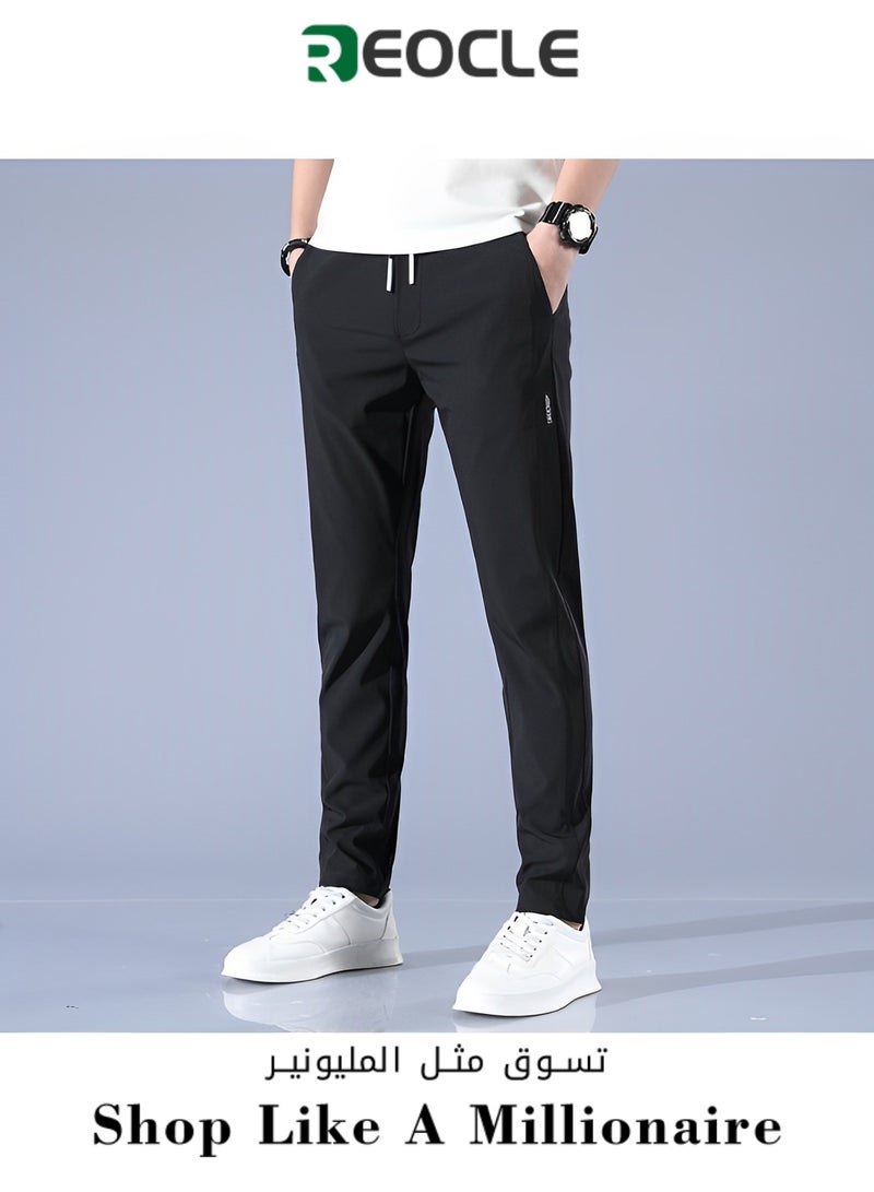 Men's Elastic Pants Drawstring Pants Men's Quick-drying Elastic Pants Ice Silk Fabric Suitable for Sports and Fitness Clothing for All Seasons Black