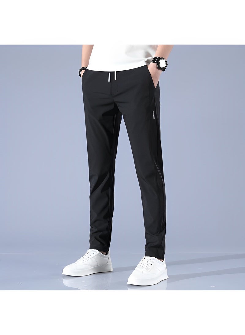Men's Elastic Pants Drawstring Pants Men's Quick-drying Elastic Pants Ice Silk Fabric Suitable for Sports and Fitness Clothing for All Seasons Black