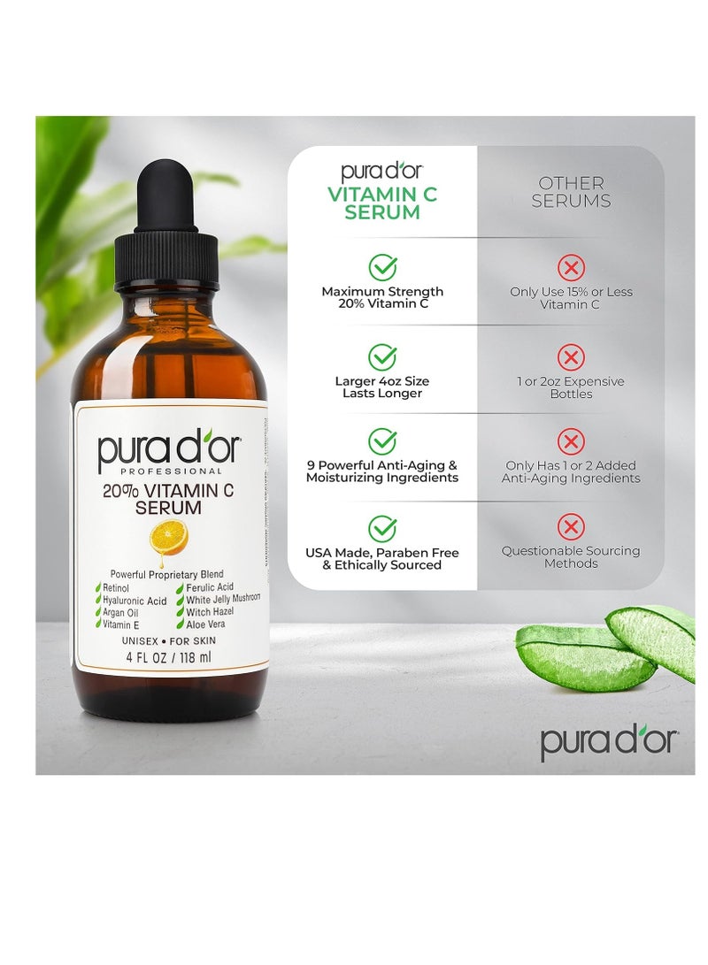 PURA D'OR 20% Vitamin C Serum 4 Oz - Lightweight Maximum Strength Formula - Retinol, Hyaluronic Acid, Ferulic Acid - Professional Grade Treatment For Face & Eyes, Wrinkles - Men & Women