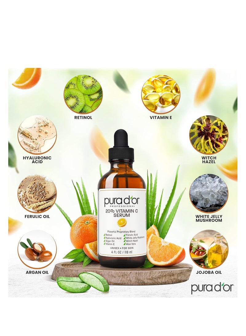 PURA D'OR 20% Vitamin C Serum 4 Oz - Lightweight Maximum Strength Formula - Retinol, Hyaluronic Acid, Ferulic Acid - Professional Grade Treatment For Face & Eyes, Wrinkles - Men & Women