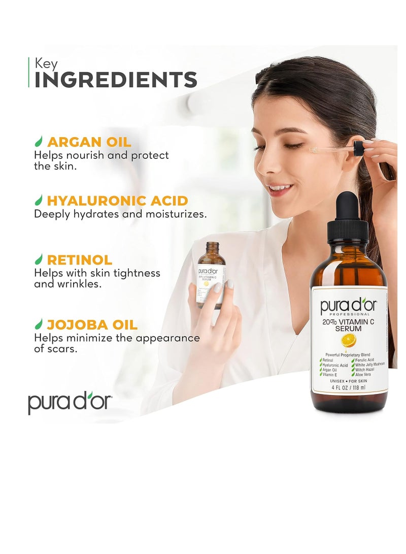PURA D'OR 20% Vitamin C Serum 4 Oz - Lightweight Maximum Strength Formula - Retinol, Hyaluronic Acid, Ferulic Acid - Professional Grade Treatment For Face & Eyes, Wrinkles - Men & Women