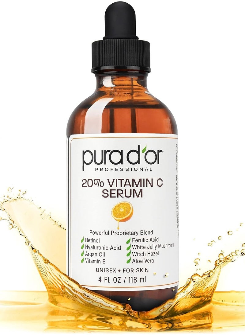 PURA D'OR 20% Vitamin C Serum 4 Oz - Lightweight Maximum Strength Formula - Retinol, Hyaluronic Acid, Ferulic Acid - Professional Grade Treatment For Face & Eyes, Wrinkles - Men & Women