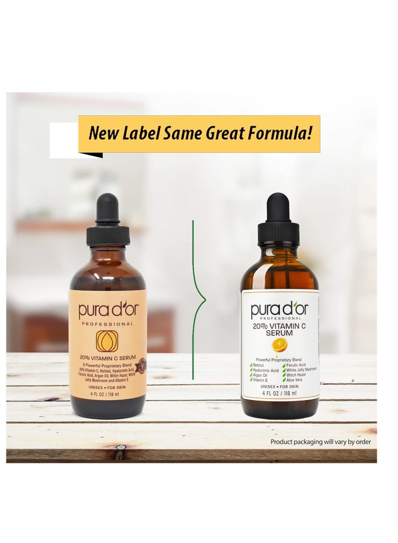 PURA D'OR 20% Vitamin C Serum 4 Oz - Lightweight Maximum Strength Formula - Retinol, Hyaluronic Acid, Ferulic Acid - Professional Grade Treatment For Face & Eyes, Wrinkles - Men & Women