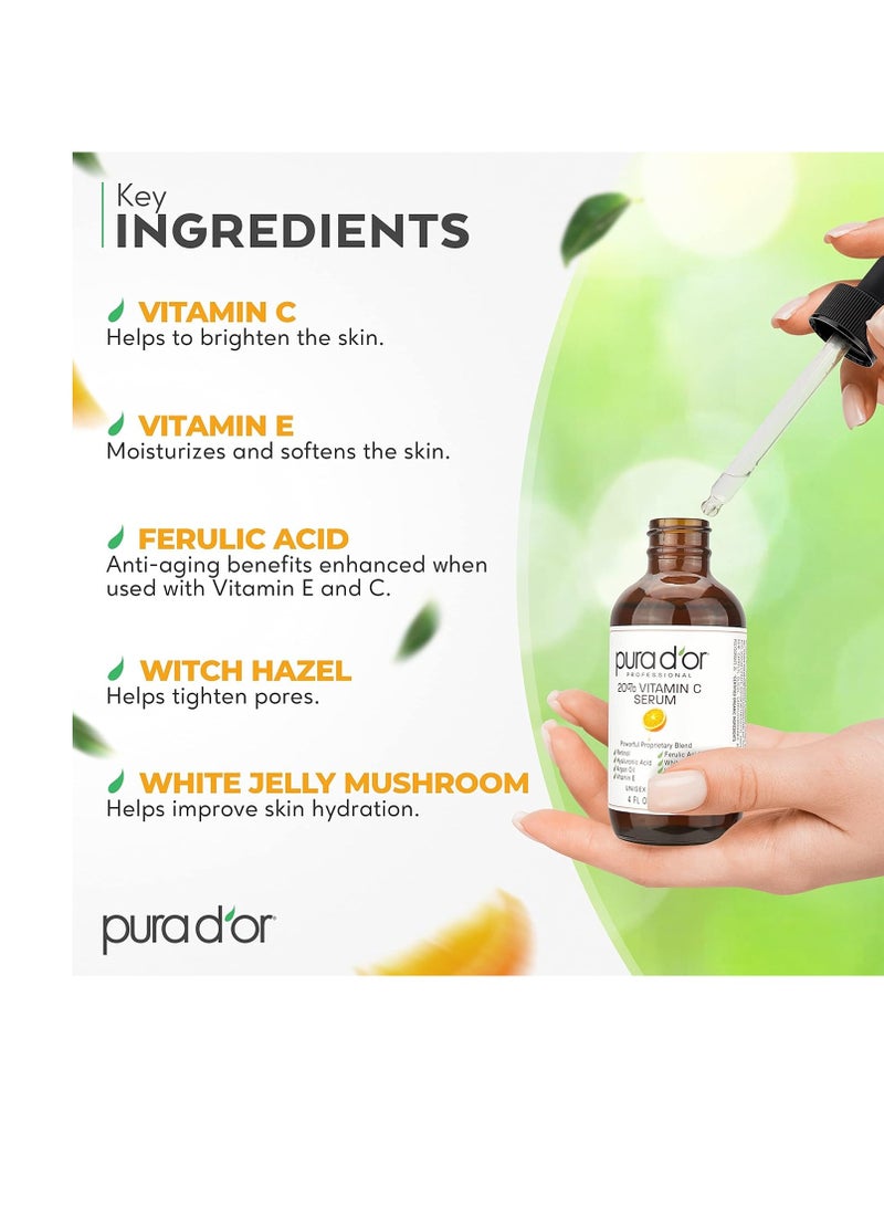 PURA D'OR 20% Vitamin C Serum 4 Oz - Lightweight Maximum Strength Formula - Retinol, Hyaluronic Acid, Ferulic Acid - Professional Grade Treatment For Face & Eyes, Wrinkles - Men & Women