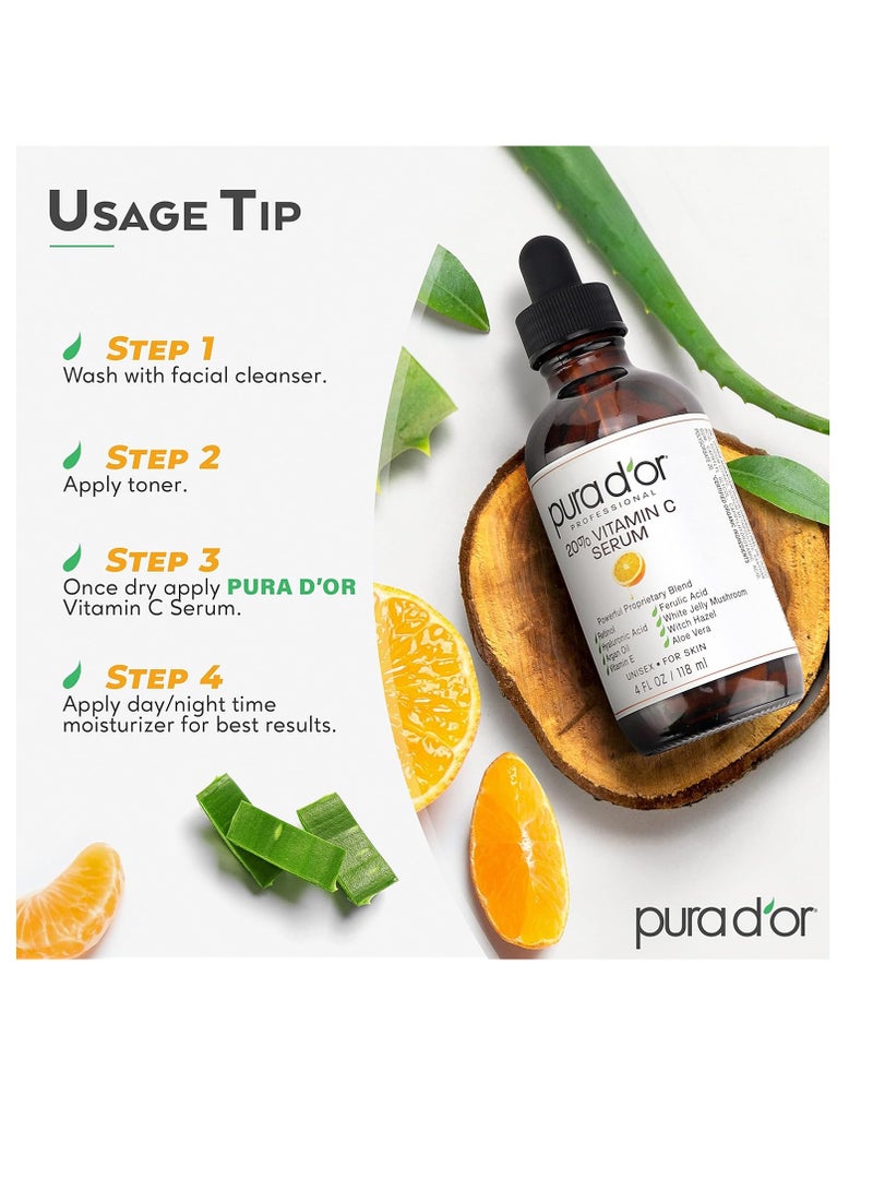 PURA D'OR 20% Vitamin C Serum 4 Oz - Lightweight Maximum Strength Formula - Retinol, Hyaluronic Acid, Ferulic Acid - Professional Grade Treatment For Face & Eyes, Wrinkles - Men & Women