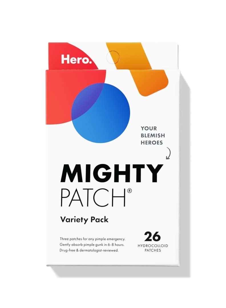 Mighty Patch™ Variety Pack from Hero Cosmetics - Hydrocolloid Acne Pimple Patches for Covering Zits and Blemishes, Spot Stickers for Face and Skin, Vegan-friendly and Not Tested on Animals (26 Count)