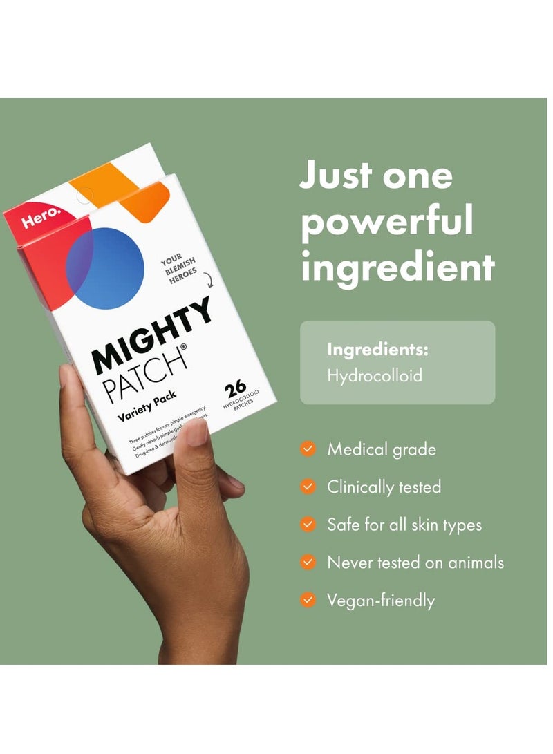 Mighty Patch™ Variety Pack from Hero Cosmetics - Hydrocolloid Acne Pimple Patches for Covering Zits and Blemishes, Spot Stickers for Face and Skin, Vegan-friendly and Not Tested on Animals (26 Count)
