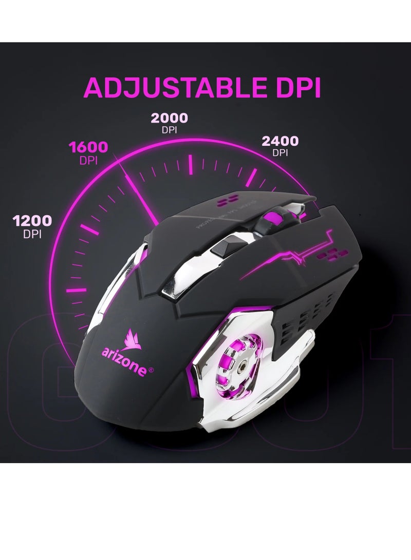 ARIZONE Wireless Gaming Mouse With Dual Mode, Rechargeable Ergonomic Grips, Adjustable DPI Values, 2 Programmable Side Buttons, Breathing Backlit