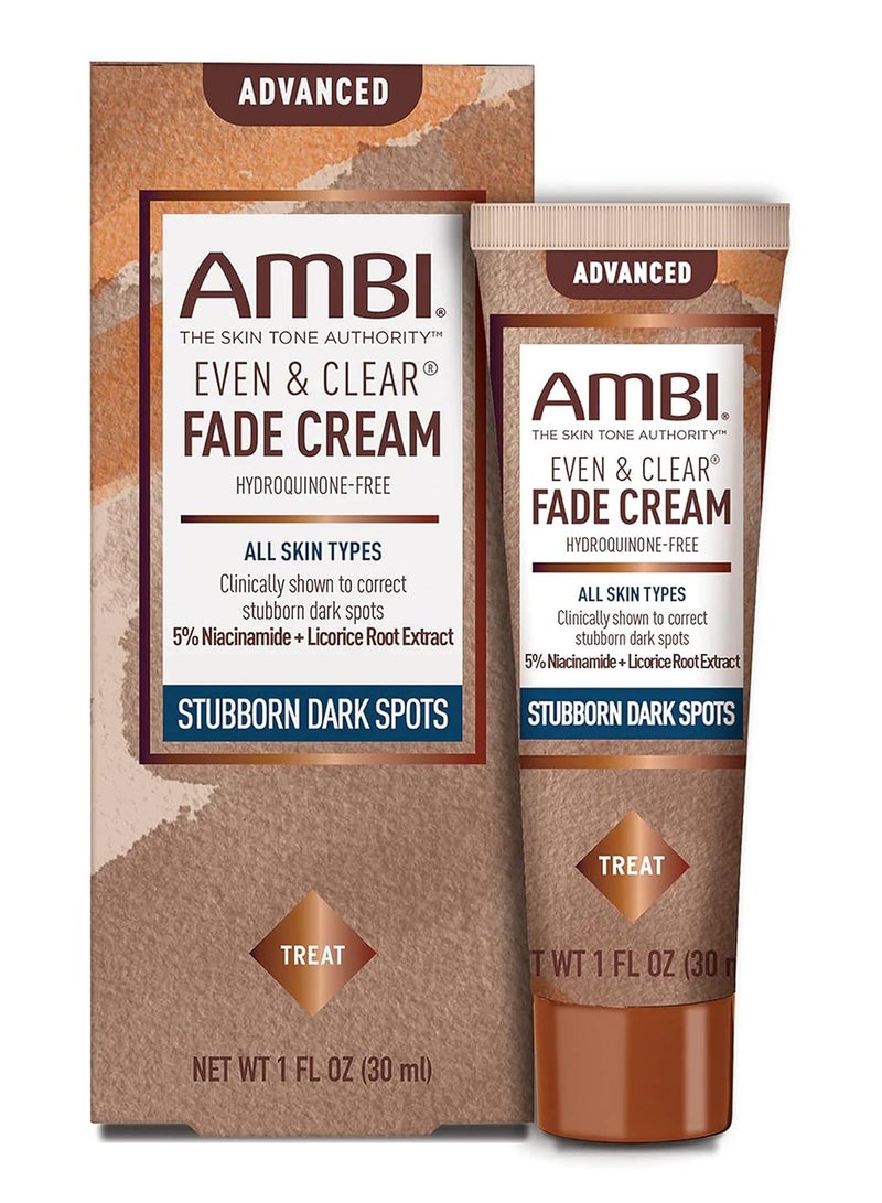 Ambi Even & Clear Advanced Fade Cream, Hydroquinone-free, Hyperpigmentation Treatment, Stubborn Dark Spot Corrector, Results In As Little 2-3 Weeks, Niacinamide, Licorice Root Extract, PHA, 1 Fl Oz