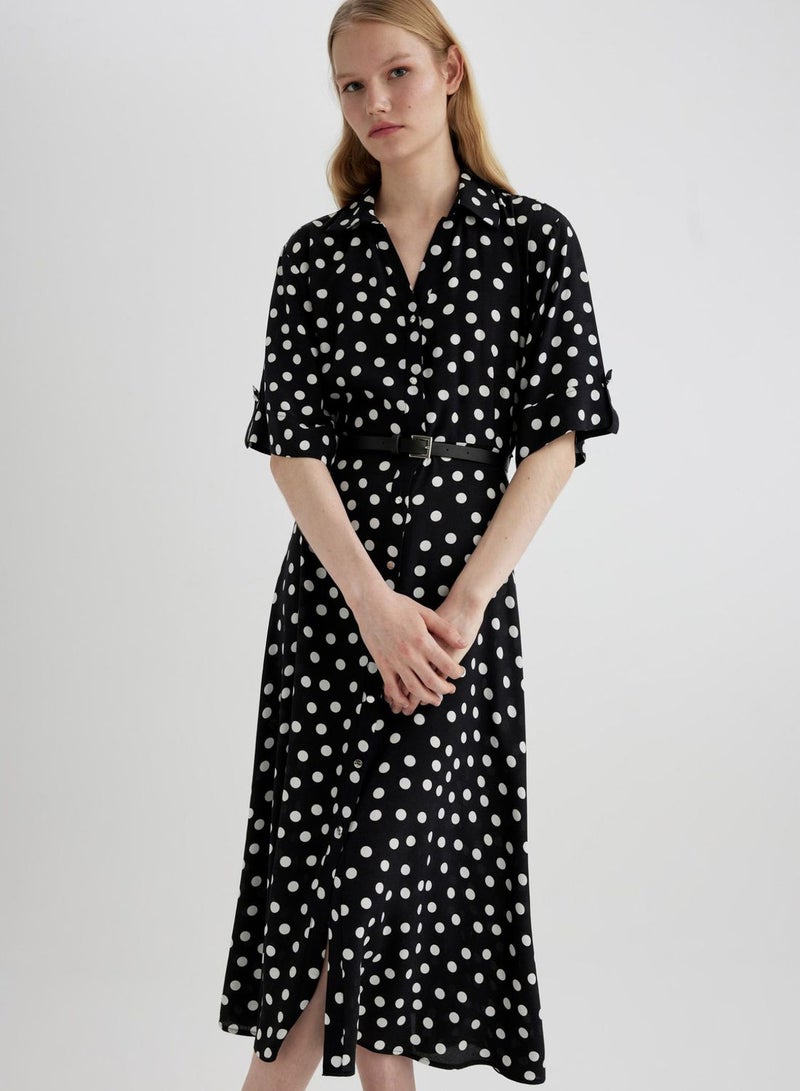 Shirt Collar Printed Midi Short Sleeve Woven Dress