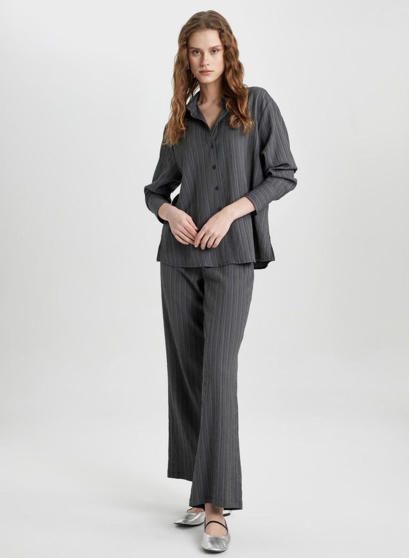 Oversize Fit Shirt Collar Crinkle Fabric Long Slee