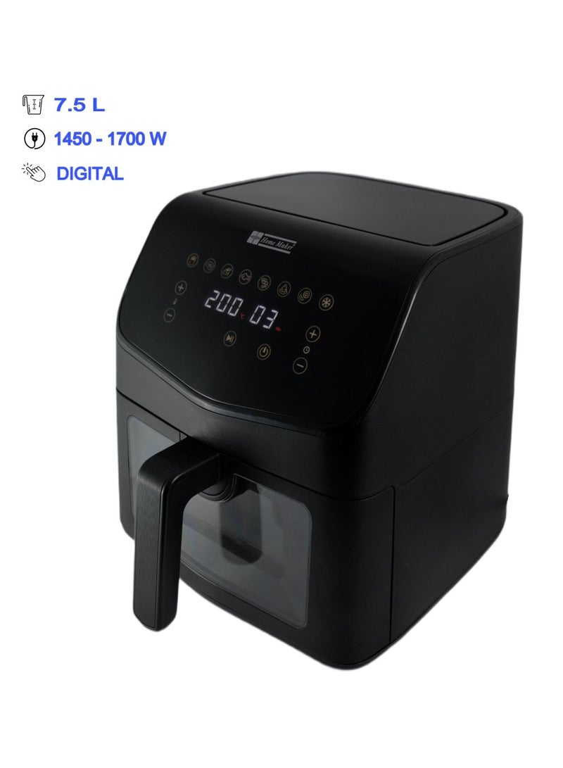 Home Maker Digital Air Fryer 7.5 Liter, 1450-1700 W, High Speed Air Circulation System, Preset Cooking Programs, Timer & Temperature Control, Over Heat Protection, Transparent Drawer, Non-stick Basket