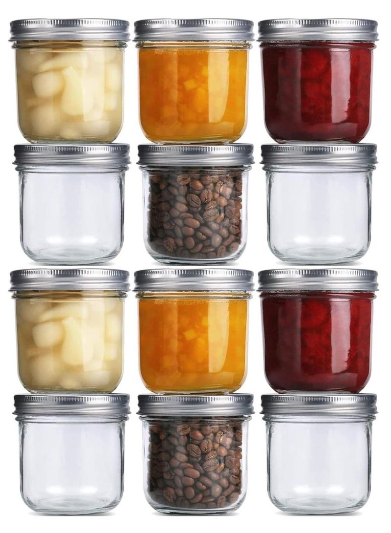 12Pcs 10oz glass Jars with Airtight Metal Regular Lids Sealed Clear Glass Canning Jars with Wide Mouth for Spices, Honey, Jam, dessert，Jelly