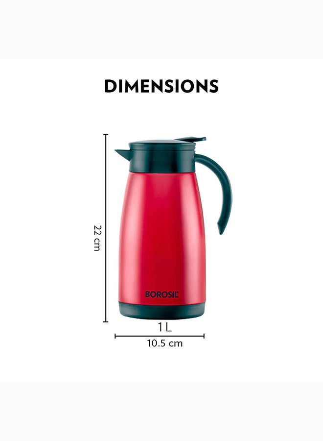 Borosil Vacuum Insulated Stainless Steel Teapot Flask Vacuum Insulated Coffee Pot Red - 1 Ltr red