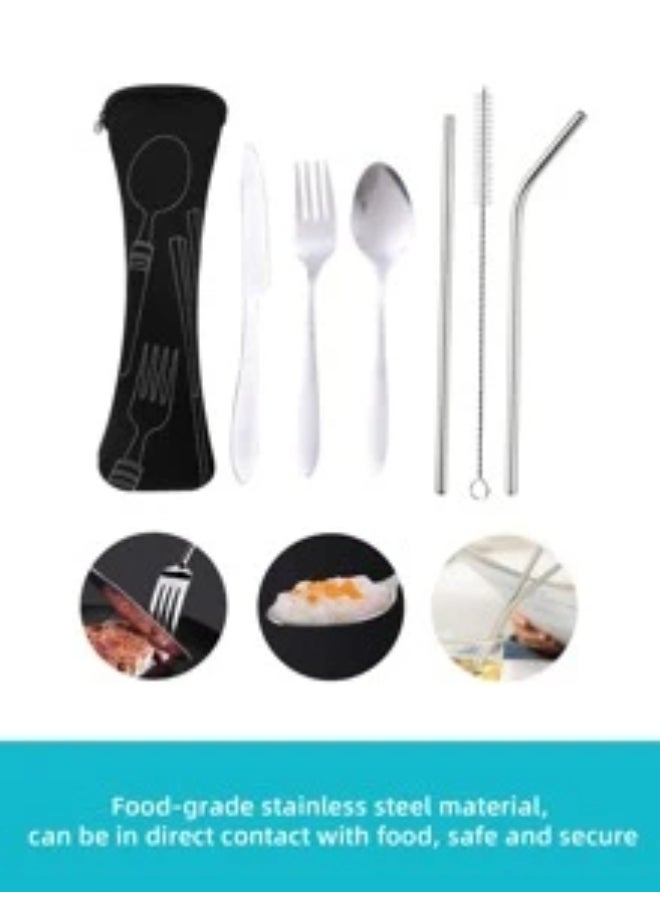 Ebony 7pcs Stainless Steel Portable Cutlery Set Knife Fork Spoon Straight Straw Curved Straw Straw Brush With Portable Bag Congruous For Alfresco Camping Picnic Student Canteen Use