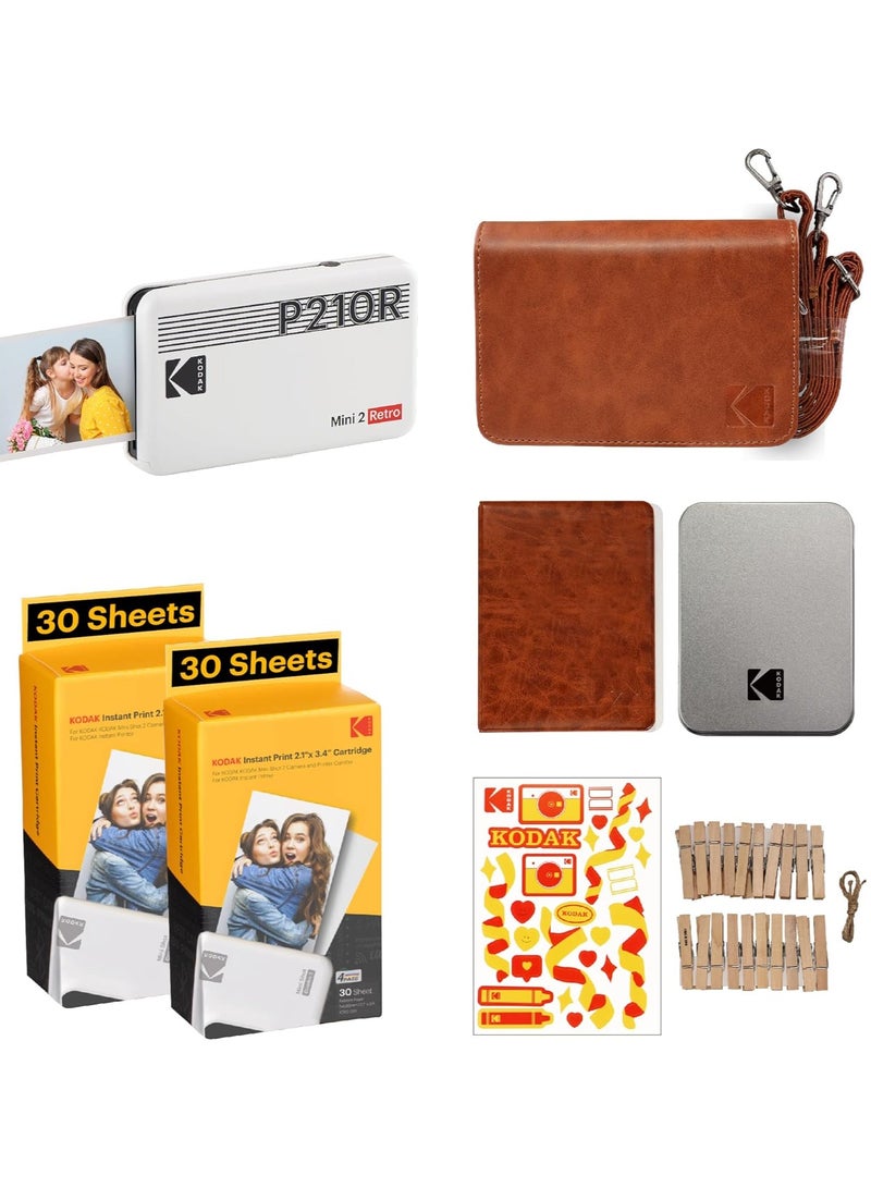 KODAK Mini 2 Retro 4PASS Portable Photo Printer (2.1x3.4 inches) + 60 Sheets Gift Bundle, White