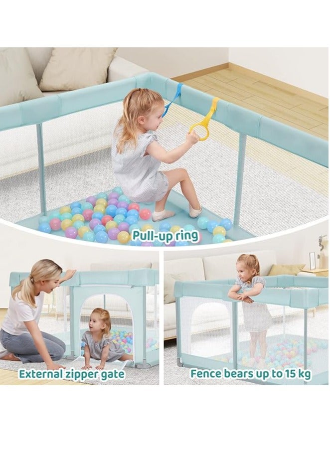 Baby Play Pens for Babies and Toddlers, Safe Anti-Fall Play Yard, Visible Baby Play Pen with Gate, Baby Fence Play Area with Pull-up Ring, Washable Baby Play Yards, Mint Green