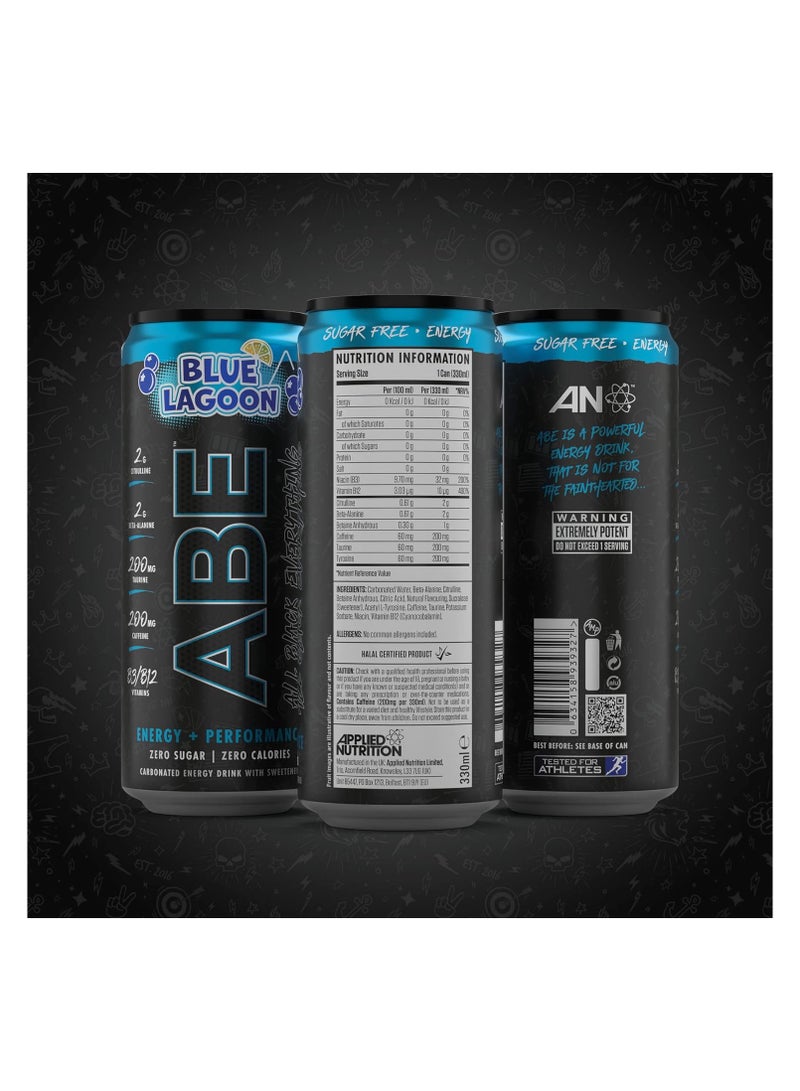 ABE Pre Workout Cans - All Black Everything Energy + Performance Drink, ABE Carbonated Beverage Sugar Free with Caffeine - Pack of 12 Cans x 330ml -Blue Lagoon