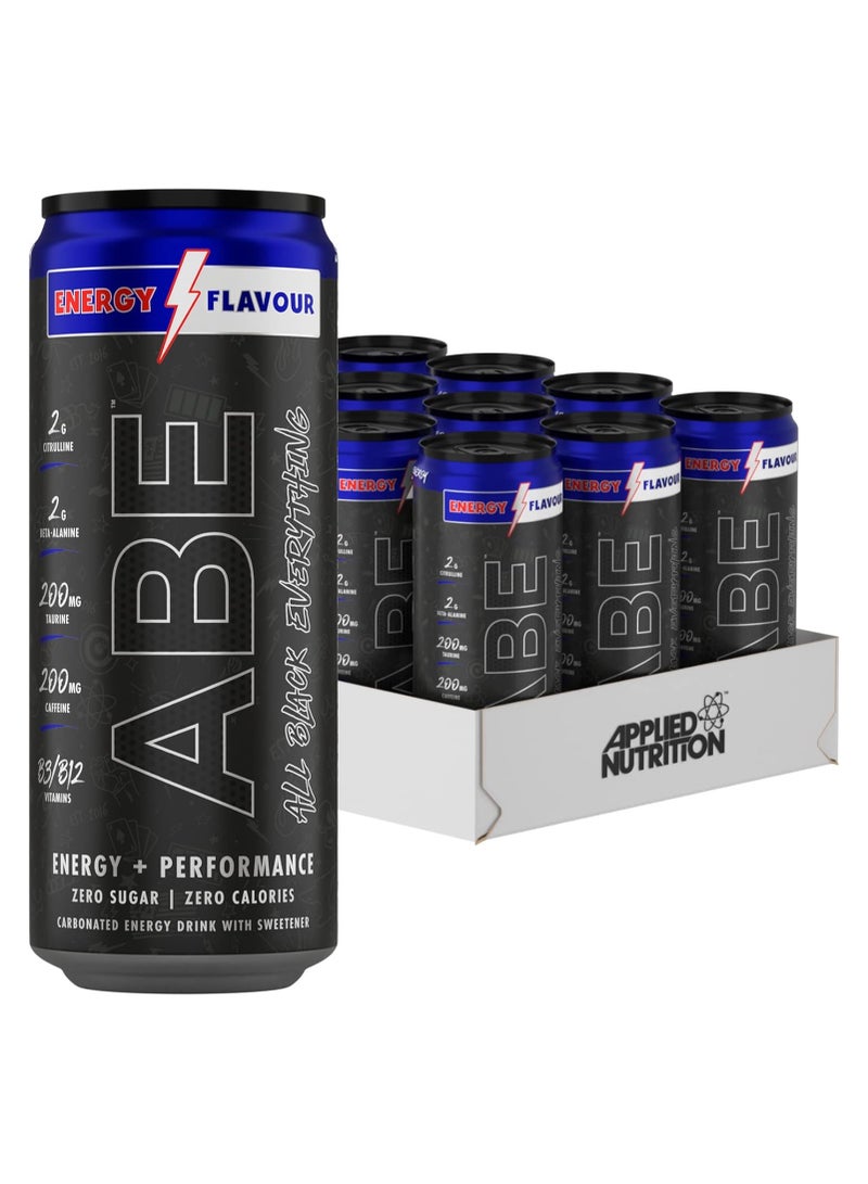 ABE Pre Workout Cans - All Black Everything Energy + Performance Drink, ABE Carbonated Beverage Sugar Free with Caffeine - Pack of 12 Cans x 330ml -Energy Flavor