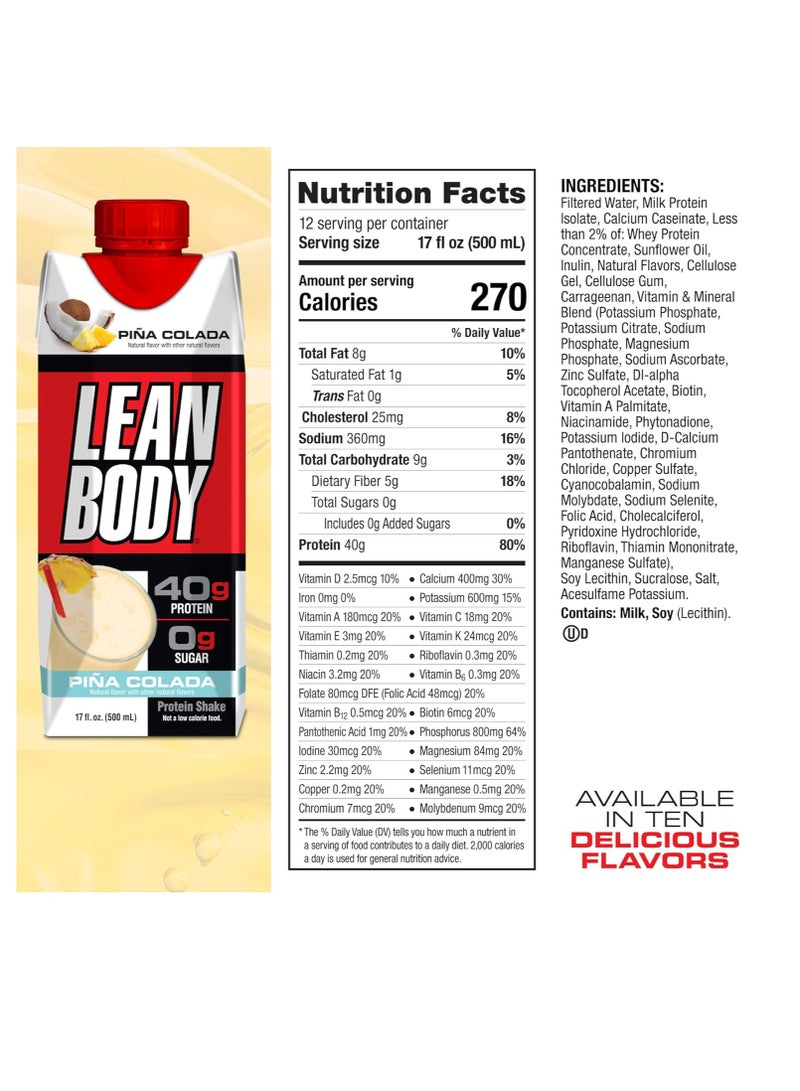 Lean Body Ready-to-Drink Protein Shake Pina Colada 17 Fl Oz Pack of 12