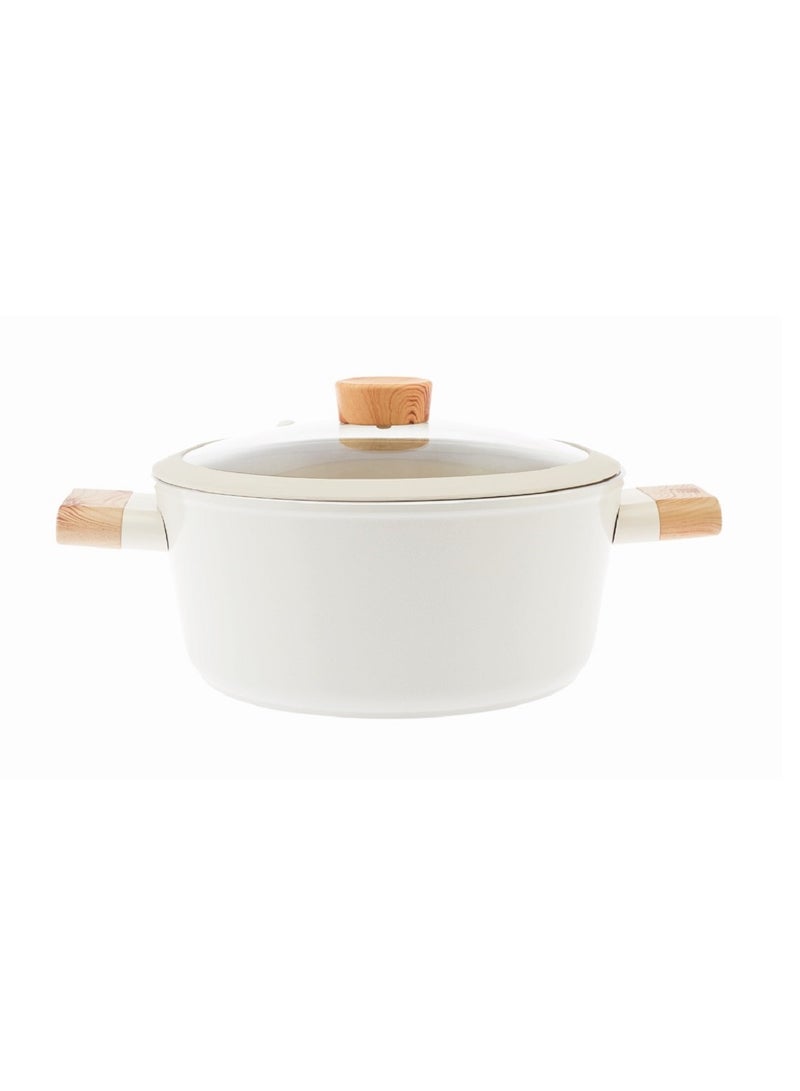 Swiss Crystal High Quality Ceramic Coating Non-Stick Casserole - 22cm- Glass Lid With Protective Silicon Edge - Natural Wood Handles and Knob - Beige