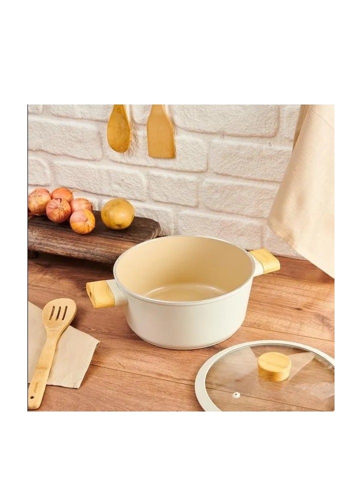 Swiss Crystal High Quality Ceramic Coating Non-Stick Casserole - 22cm- Glass Lid With Protective Silicon Edge - Natural Wood Handles and Knob - Beige