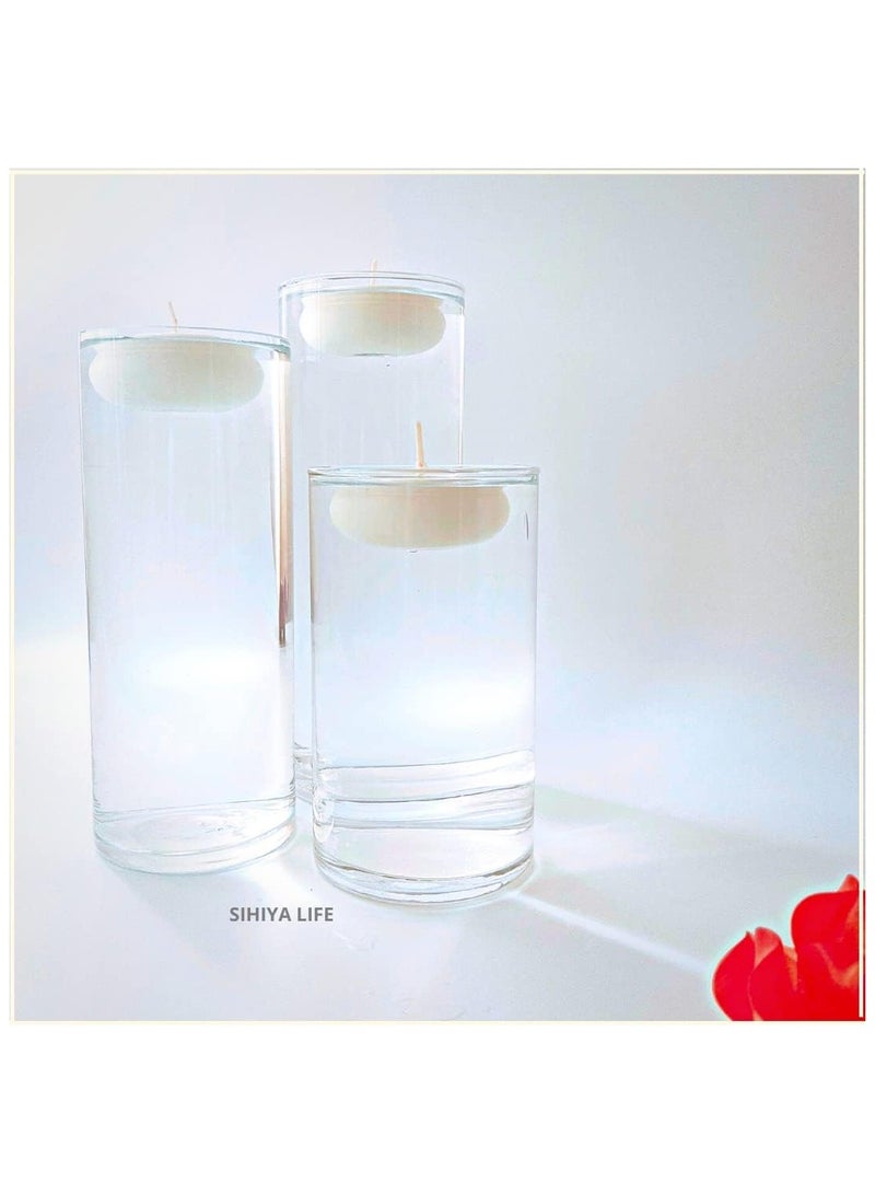 Set of 3 Glass Vases with 3 Ivory Floating Candles | elegant decorative cylinder vases for Mantle, Events, Party, Candlelit Dinners,Get togethers,Wedding,Parties,Gifting