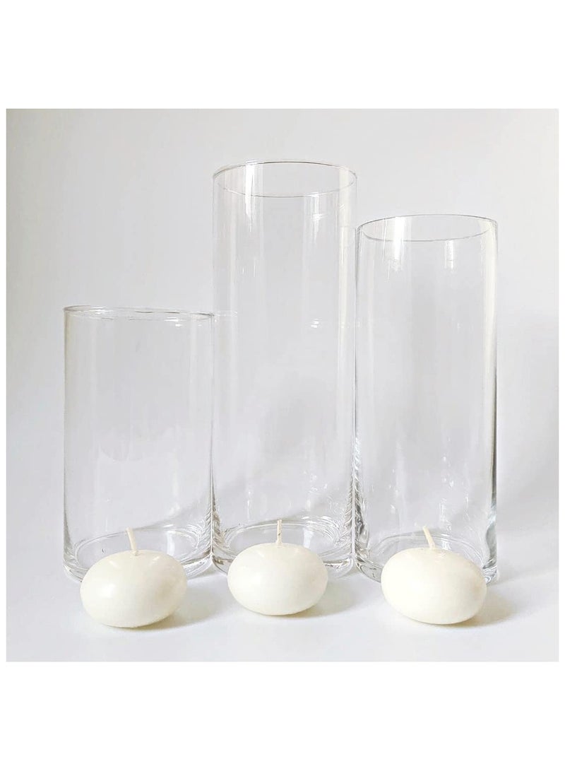 Set of 3 Glass Vases with 3 Ivory Floating Candles | elegant decorative cylinder vases for Mantle, Events, Party, Candlelit Dinners,Get togethers,Wedding,Parties,Gifting