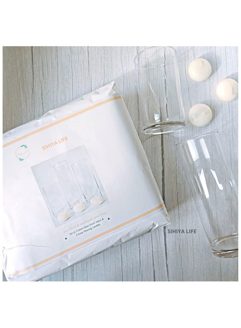 Set of 3 Glass Vases with 3 Ivory Floating Candles | elegant decorative cylinder vases for Mantle, Events, Party, Candlelit Dinners,Get togethers,Wedding,Parties,Gifting