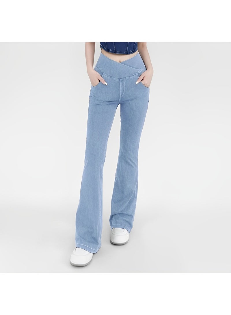 Women's Bell Bottom Jeans High Waisted Stretchy Flare Jeans Pull On Tummy Control Flare Pants with Pockets Classic Denim Pants