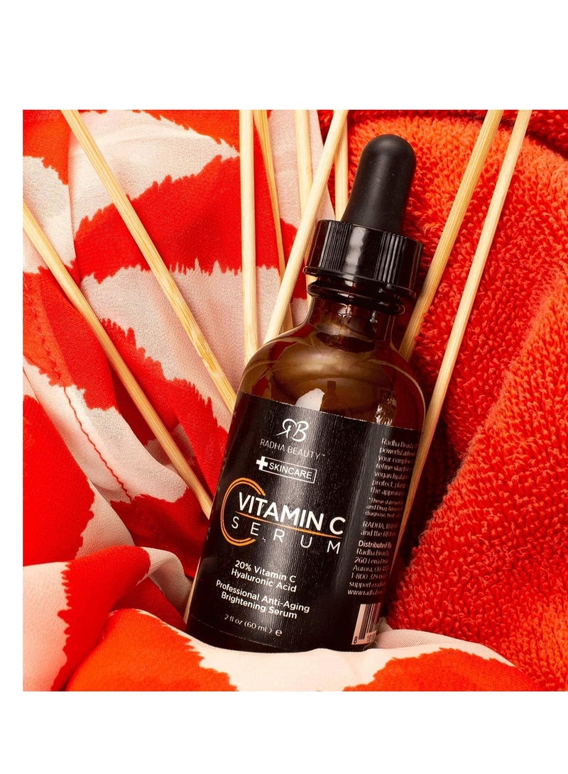 Radha Beauty Natural Vitamin C Serum 2oz, Vitamin C, Vitamin E, Hyaluronic Acid and Aloe, Facial Serum for Anti-Aging Wrinkles, Dark Spots, Fine Lines