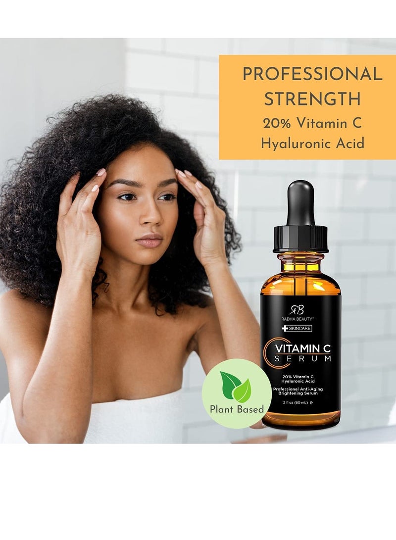 Radha Beauty Natural Vitamin C Serum 2oz, Vitamin C, Vitamin E, Hyaluronic Acid and Aloe, Facial Serum for Anti-Aging Wrinkles, Dark Spots, Fine Lines