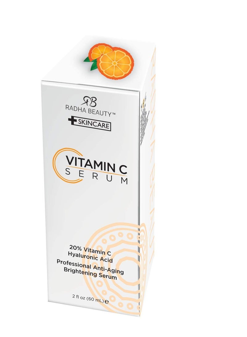Radha Beauty Natural Vitamin C Serum 2oz, Vitamin C, Vitamin E, Hyaluronic Acid and Aloe, Facial Serum for Anti-Aging Wrinkles, Dark Spots, Fine Lines