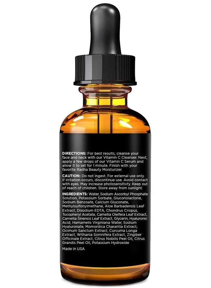 Radha Beauty Natural Vitamin C Serum 2oz, Vitamin C, Vitamin E, Hyaluronic Acid and Aloe, Facial Serum for Anti-Aging Wrinkles, Dark Spots, Fine Lines