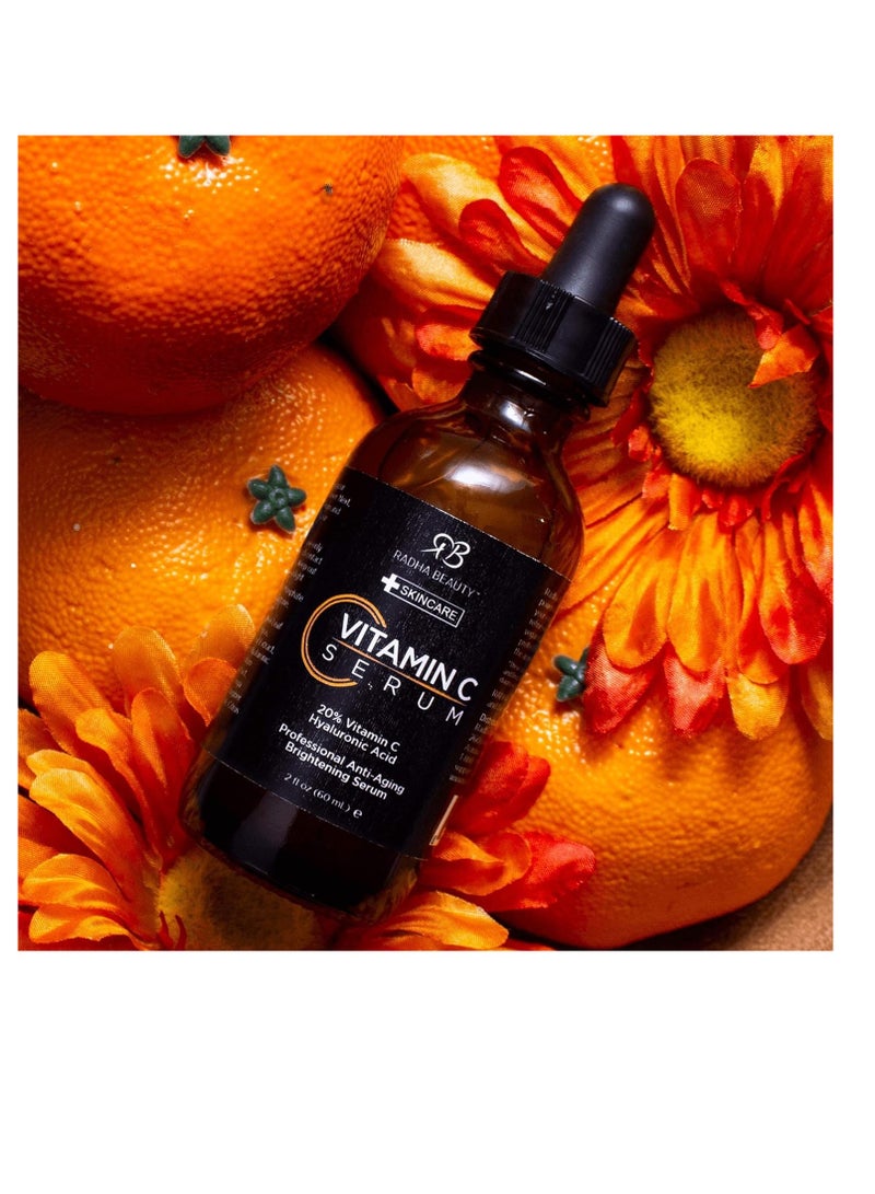 Radha Beauty Natural Vitamin C Serum 2oz, Vitamin C, Vitamin E, Hyaluronic Acid and Aloe, Facial Serum for Anti-Aging Wrinkles, Dark Spots, Fine Lines