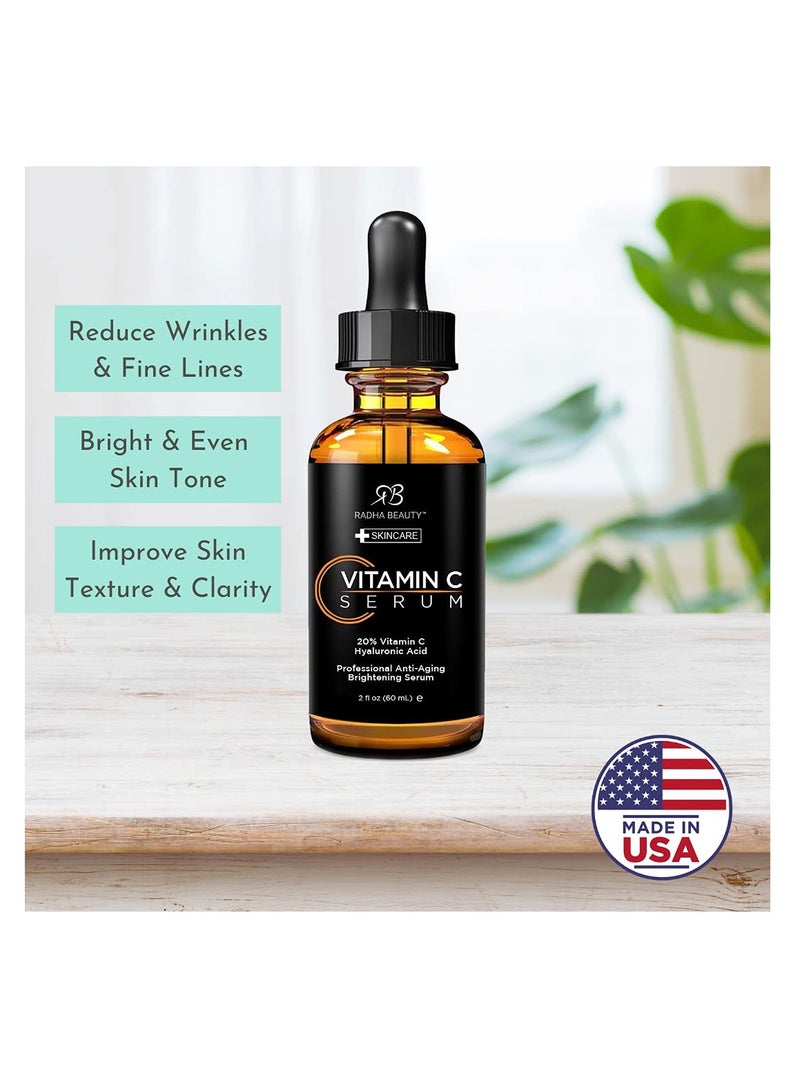 Radha Beauty Natural Vitamin C Serum 2oz, Vitamin C, Vitamin E, Hyaluronic Acid and Aloe, Facial Serum for Anti-Aging Wrinkles, Dark Spots, Fine Lines
